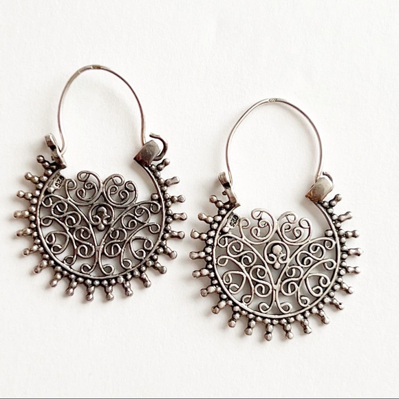 Sterling Silver Bohemian Hoop Earrings India Scroll Design - Picture 8 of 9